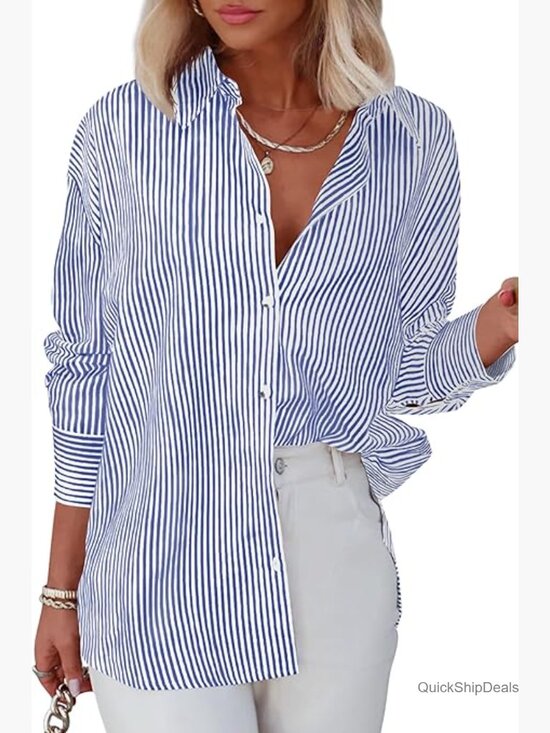 Tops - Striped Button Down Shirt Long Sleeve V-Neck Office Blouse
